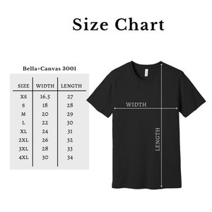 May include: Size chart for Bella+Canvas 3001 t-shirts, showing width and length measurements in inches for sizes XS to 4XL.