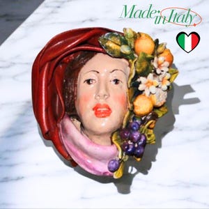 Handmade Sicilian Terracotta Woman Mask Wall Decor , Italian Pottery Face Sculpture with Fruit, Made in Italy