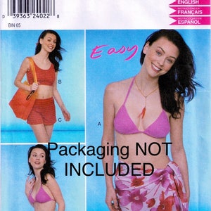 May include: A sewing pattern for a swimsuit with a pink bikini top and matching pink bottoms, a red and white striped bikini top and matching red and white striped bottoms, and a pink and white floral sarong. The pattern is labeled "New Look" and "Easy".