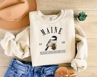 Maine State Bird Embroidered Crewneck - Black Capped Chickadee