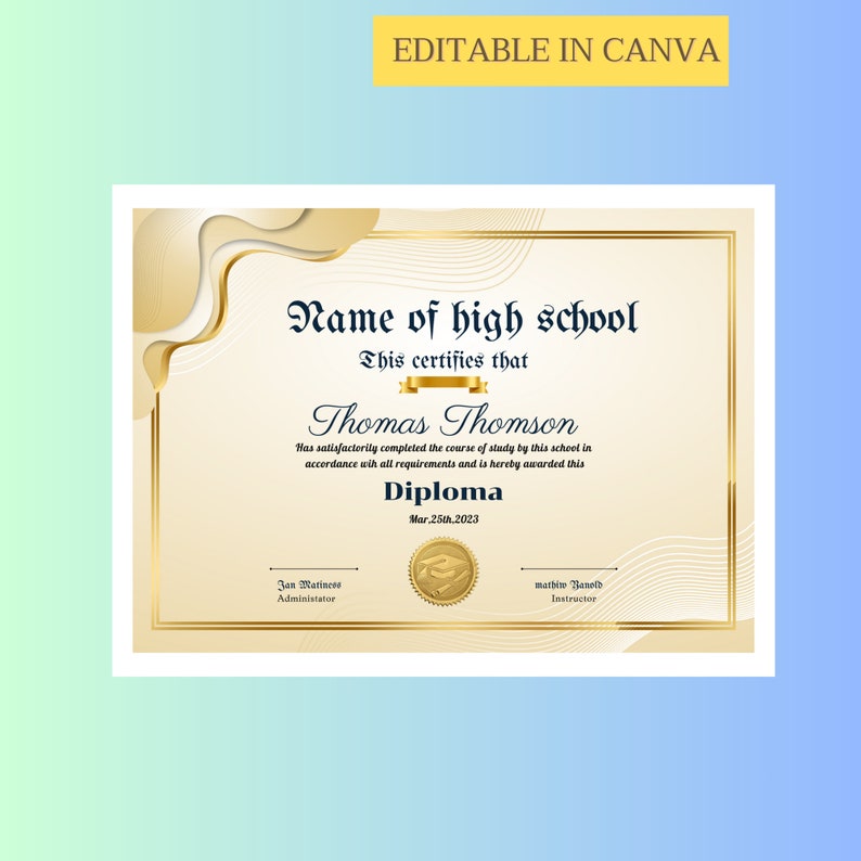 High School Diploma Template, Printable Home School Diploma, DIY ...