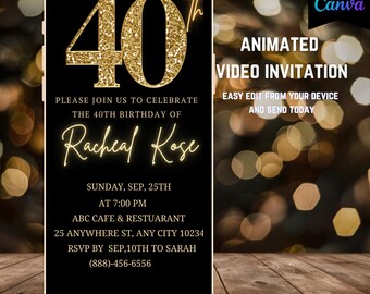 Elegant Gold 40th Birthday Video Invitation (Digital Download)