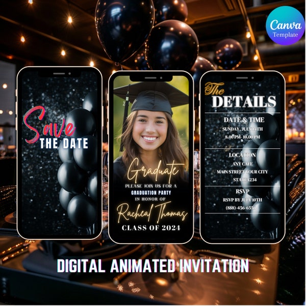 Black Grad Party Digital Invite, Grad Party Invitation Video Canva, Graduation Invitation, Digital Grad Party Invite, invitation canva