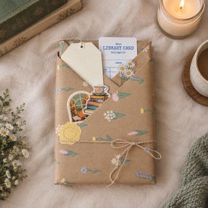 May include: A rectangular package wrapped in brown paper with a floral pattern, tied with twine. It features a blank cream tag, a library card with the text "this LIBRARY CARD belongs to", a sticker of books and a window, and a yellow wax seal.