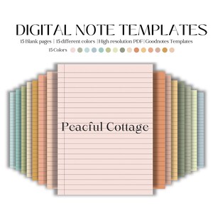 Puede incluir: Plantillas de notas digitales con 15 páginas en blanco en 15 colores diferentes. Se muestra el texto "DIGITAL NOTE TEMPLATES" y "Peacful Cottage". La imagen muestra una pila de papel rayado en varios colores pastel, adecuado para tomar notas digitales.