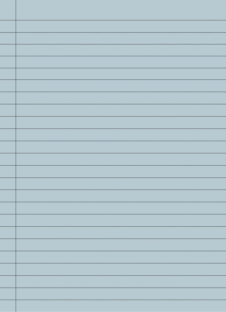 May include: A light blue, lined paper with a vertical margin on the left side. The lines are horizontal and evenly spaced, creating a grid-like pattern. The paper is blank, ready for writing or drawing.