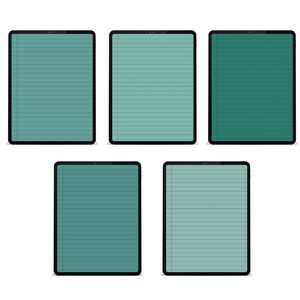 Puede incluir: Cinco tabletas digitales con biseles negros y pantallas de diferentes tonos de verde azulado. Las pantallas muestran l&iacute;neas horizontales, que se asemejan a papel rayado. Las tabletas est&aacute;n dispuestas sobre un fondo blanco.