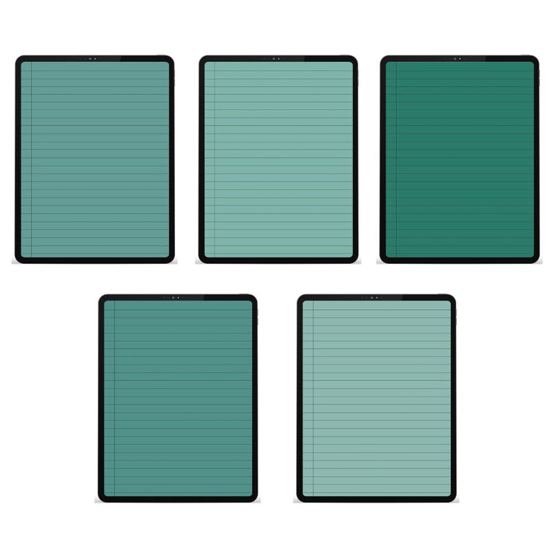 Puede incluir: Cinco tabletas digitales con biseles negros y pantallas de diferentes tonos de verde azulado. Las pantallas muestran l&iacute;neas horizontales, que se asemejan a papel rayado. Las tabletas est&aacute;n dispuestas sobre un fondo blanco.