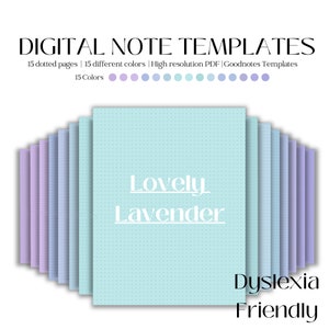 Puede incluir: Plantillas de notas digitales con 15 páginas punteadas en 15 colores diferentes. La imagen muestra una pila de plantillas de notas digitales en tonos azules y morados, con las palabras "Lovely Lavender" en blanco. El texto "Dyslexia Friendly" también es visible.