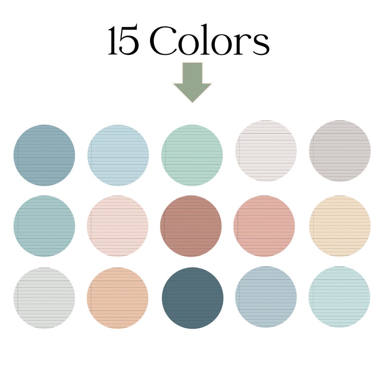 May include: An image showcasing 15 color swatches arranged in a grid. Each swatch is a circle with horizontal lines, in shades of blue, green, pink, brown, and neutral tones. The text "15 Colors" is at the top, with an arrow pointing to the swatches.