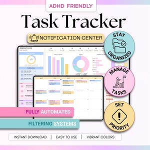 Puede incluir: Un planificador de tareas digital en dos pantallas, con gráficos coloridos, un calendario mensual para agosto de 2026 y secciones de notificación. El texto incluye ADHD FRIENDLY, Task Tracker, NOTIFICATION CENTER, STAY ORGANIZED, MANAGE TASKS, SET PRIORITY, FULLY AUTOMATED, FILTERING SYSTEMS, INSTANT DOWNLOAD, EASY TO USE y VIBRANT COLORS.
