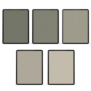 May include: Five digital tablets with black bezels and varying screen colors, including olive green and beige. The screens display a grid pattern of small dots. The tablets are arranged against a white background.