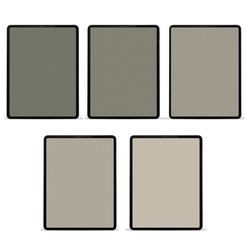 May include: Five digital tablets with black bezels and varying screen colors, including olive green and beige. The screens display a grid pattern of small dots. The tablets are arranged against a white background.
