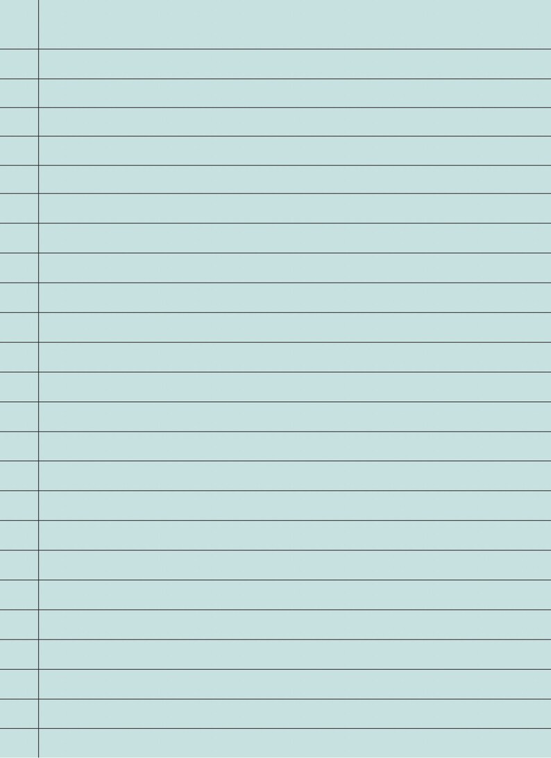 May include: A light blue, lined notepad with a grid of horizontal lines and a vertical margin on the left side. The paper has a pale blue hue, and the lines are dark gray.