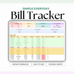 May include: A digital bill tracker spreadsheet titled Simple Everyday Bill Tracker. The interface displays a summary dashboard for September 2026 with total bills, paid amounts, and remaining balances, followed by a detailed table of expenses.