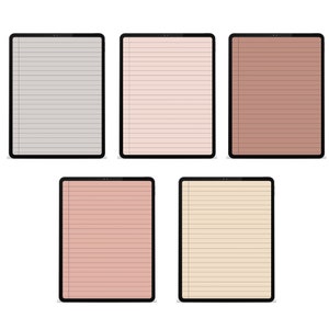 May include: Five digital tablets with lined paper backgrounds in various colors: gray, peach, brown, coral, and beige. Each tablet has a black border and a small camera at the top.
