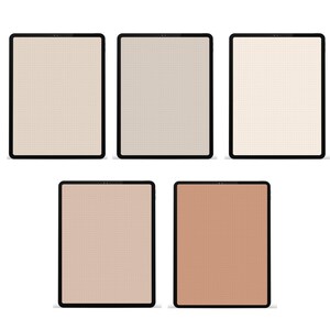 May include: Five digital tablets with black frames and varying shades of beige and brown screens. The screens have a dotted grid pattern, suggesting a notebook or planner layout. The tablets are arranged against a white background.