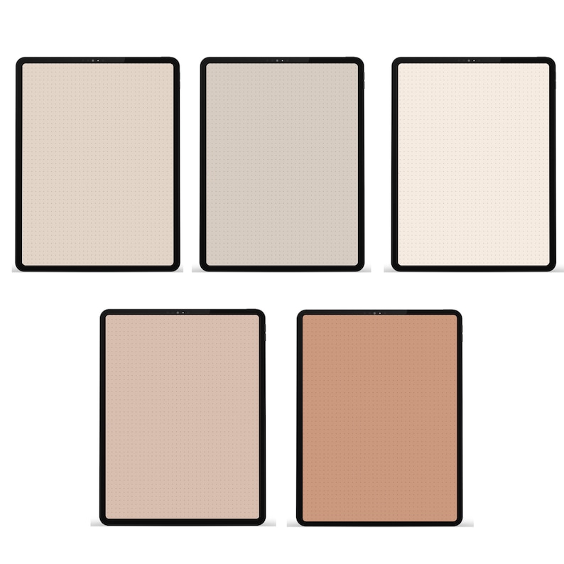 May include: Five digital tablets with black frames and varying shades of beige and brown screens. The screens have a dotted grid pattern, suggesting a notebook or planner layout. The tablets are arranged against a white background.