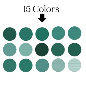 Puede incluir: Una paleta de colores con 15 tonos de verde dispuestos en tres filas de cinco c&iacute;rculos. El texto "15 Colores" est&aacute; encima de los c&iacute;rculos, con una flecha negra que apunta hacia abajo. Los c&iacute;rculos var&iacute;an de verde oscuro a claro.