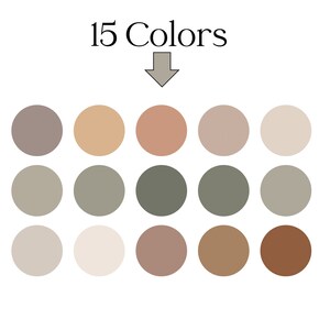 May include: An image displaying 15 different color swatches in a variety of neutral tones. The colors are arranged in a grid of circles, with a text overlay that reads "15 Colors" above an arrow pointing to the swatches. The color palette includes shades of beige, brown, and green.