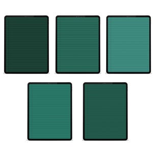 Puede incluir: Cinco tabletas digitales con bordes negros. Las pantallas muestran una variedad de tonos verdes, algunas con l&iacute;neas horizontales. Las tabletas est&aacute;n dispuestas sobre un fondo blanco.