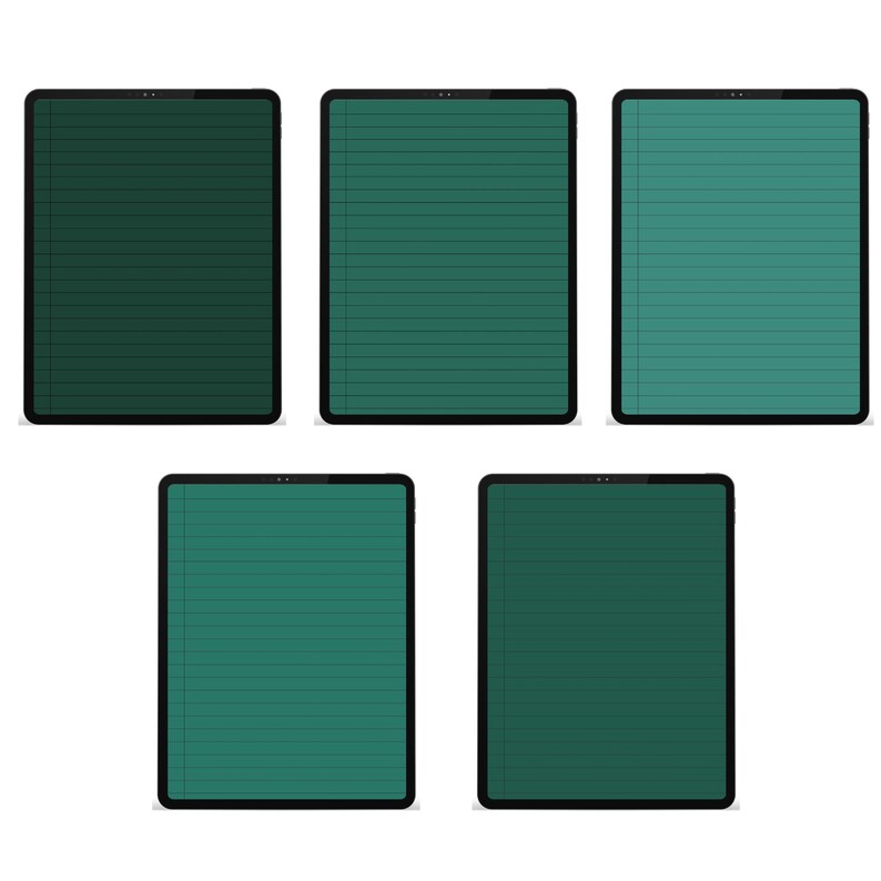 Puede incluir: Cinco tabletas digitales con bordes negros. Las pantallas muestran una variedad de tonos verdes, algunas con l&iacute;neas horizontales. Las tabletas est&aacute;n dispuestas sobre un fondo blanco.
