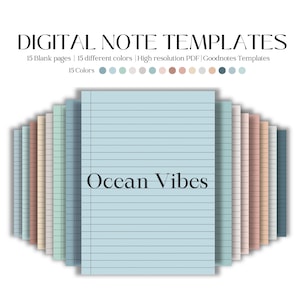 May include: Digital note templates with 15 blank pages in 15 different colors. The image shows a stack of lined paper in various pastel shades, with the words "Ocean Vibes" in the center. The text at the top reads "DIGITAL NOTE TEMPLATES".