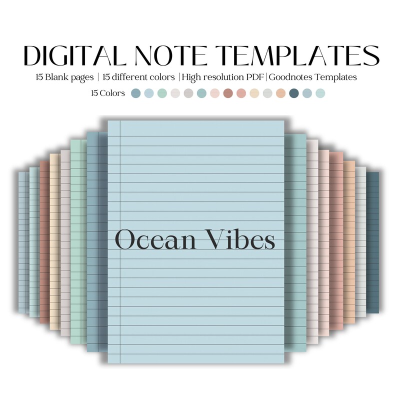 May include: Digital note templates with 15 blank pages in 15 different colors. The image shows a stack of lined paper in various pastel shades, with the words "Ocean Vibes" in the center. The text at the top reads "DIGITAL NOTE TEMPLATES".