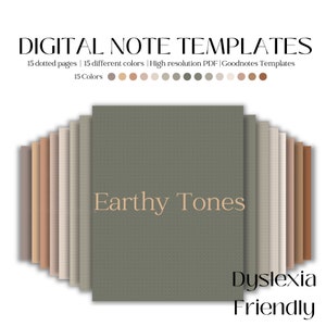 May include: Digital note templates in earthy tones. The image shows a stack of digital notebooks with dotted pages in 15 different colors. The text on the image says "Earthy Tones" and "Dyslexia Friendly".