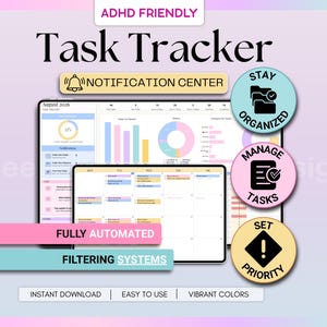 以下が含まれることがあります： ADHDフレンドリーなデジタルタスク管理プランナー。ダッシュボード、グラフ、月間カレンダー、通知センターを備えています。Stay Organized、Manage Tasks、Set Priorityと書かれた円形アイコンと、Fully Automated、Filtering Systemsというテキストオーバーレイが含まれています。