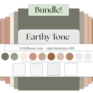 May include: A digital bundle of 12 high resolution PDF papers in earthy tones. The image displays a stack of colored sheets, a label reading Bundle! Earthy Tone, and a color palette with 12 circles and four square patterns: grid, lined, dotted, and blank.