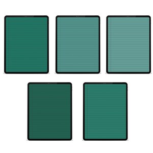 Puede incluir: Cinco tabletas digitales con bordes negros. Las pantallas muestran un dise&ntilde;o de papel rayado verde. Las tabletas est&aacute;n dispuestas en forma rectangular sobre un fondo blanco.
