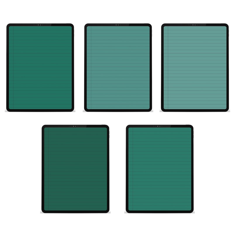 Puede incluir: Cinco tabletas digitales con bordes negros. Las pantallas muestran un dise&ntilde;o de papel rayado verde. Las tabletas est&aacute;n dispuestas en forma rectangular sobre un fondo blanco.