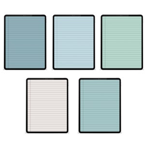 May include: Five digital tablets with lined paper screens in various pastel colors: blue, light blue, green, off-white, and teal. Each tablet has a black border and a small camera at the top.