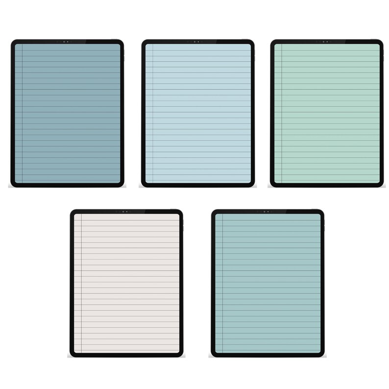 May include: Five digital tablets with lined paper screens in various pastel colors: blue, light blue, green, off-white, and teal. Each tablet has a black border and a small camera at the top.