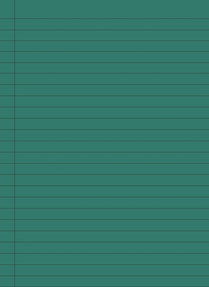 Puede incluir: Una p&aacute;gina de cuaderno de color verde azulado con l&iacute;neas negras horizontales y un margen vertical en el lado izquierdo. Las l&iacute;neas est&aacute;n espaciadas uniformemente, creando un efecto de papel rayado. El fondo es de color verde azulado s&oacute;lido.
