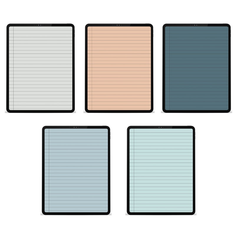 May include: Five digital tablets with lined paper screens in various colors: light gray, peach, dark teal, light blue, and teal. Each tablet has a black border and a small camera at the top.