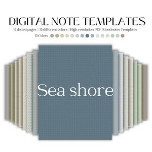 Pode incluir: Modelos de notas digitais com 15 páginas pontilhadas em várias cores. A imagem mostra uma pilha de cadernos digitais com o texto "Sea shore" na frente. O texto na parte superior diz "DIGITAL NOTE TEMPLATES".