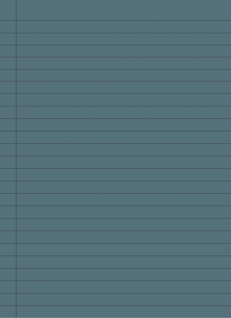 May include: A teal-colored notebook with horizontal lines and a vertical margin line on the left side. The notebook's pages are a solid teal color, and the lines are a darker shade of teal. The notebook is blank and ready for writing.