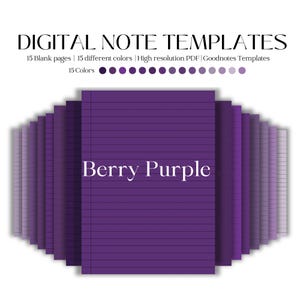 May include: Digital note templates with 15 blank pages in 15 different colors. The image shows a stack of digital notebooks in shades of purple, with the words "Berry Purple" displayed prominently on the front notebook.