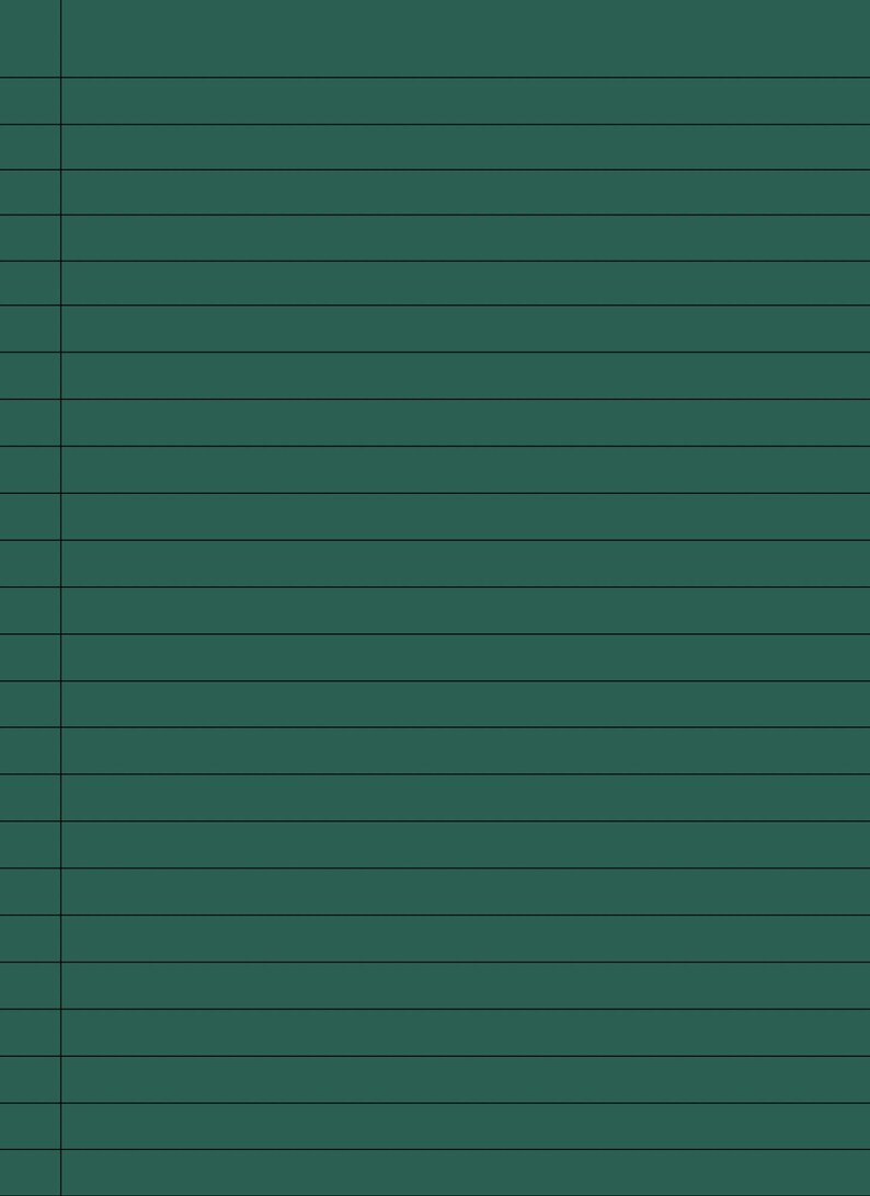 Puede incluir: Un cuaderno verde oscuro con l&iacute;neas negras horizontales y una l&iacute;nea negra vertical en el lado izquierdo. El cuaderno est&aacute; en blanco y listo para escribir o dibujar.