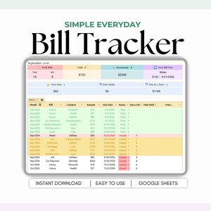 Monthly Bill Tracker Spreadsheet, Bill Payment Tracker, Google Sheets Finance Planner, Due Date Checklist, Expense & Subscription Tracker