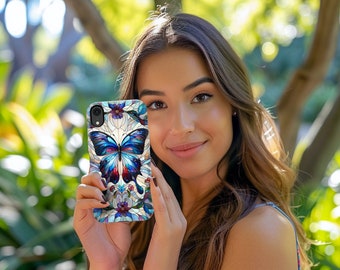 Stained Glass Butterfly Phone Case, Custom Phone Case, iPhone Case, Samsung Case, MagSafe Comapatible