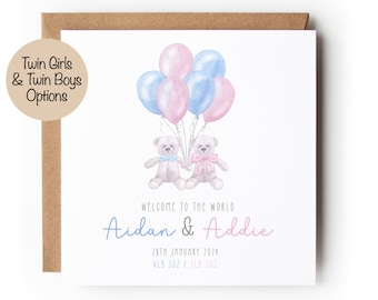 May include: A white card with a watercolor illustration of two teddy bears holding hands with pink and blue balloons above them. The text "Welcome to the world Aidan & Addie 28th January 2024 6lb 3oz / 5lb 3oz" is printed below the illustration.