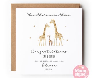 New Parents Card, And then there were three Card Giraffe card, New Baby Card, Congratulations New Parents, Newborn Baby Card First born Card