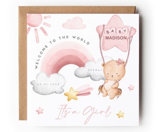 Personalised New Baby Girl Card, Congratulations Welcome to the World, New Baby Card, Birth Details Card, New Baby Card, New Niece Card