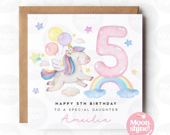May include: A watercolor illustration of a unicorn flying with balloons and a rainbow. The number 5 is in the background. The text reads "Happy 5th Birthday to a special daughter Amelia".