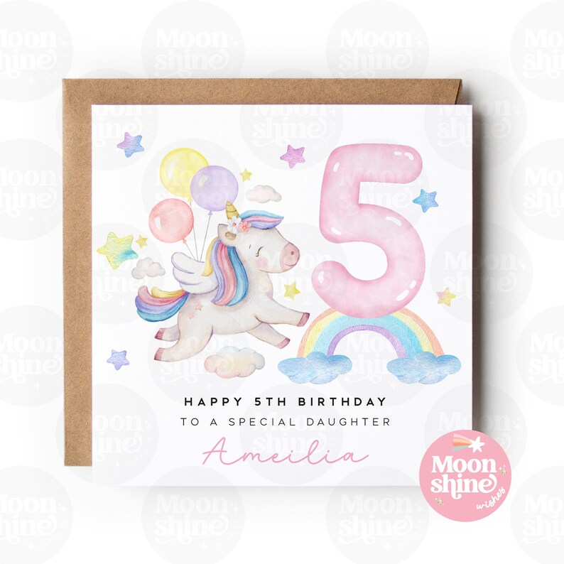 May include: A watercolour illustration of a unicorn flying with balloons and a rainbow. The number 5 is in the background. The text reads "Happy 5th Birthday to a special daughter Amelia".
