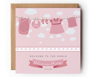 Personalised New Baby Girl Card, Congratulations Welcome to the World, New Baby Card, Birth Details Card, New Baby Card, New Niece Card