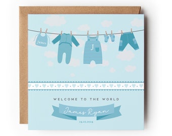 Personalised New Baby  Boy Card, Congratulations Welcome to the World, New Baby Card, Birth Details Card, New Baby Card, New Newphew Card
